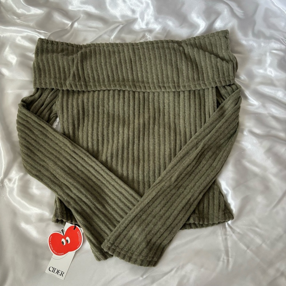 olive green off the shoulder ribbed sweater